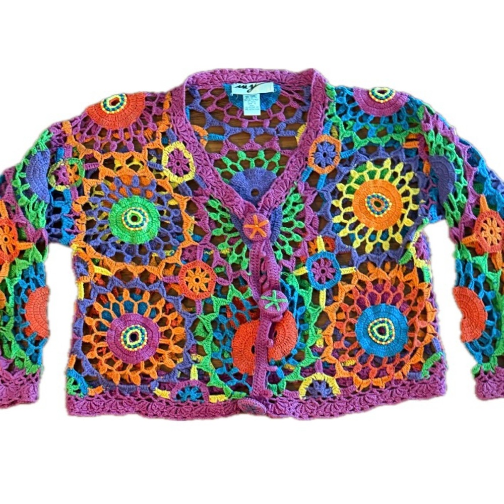 90's Vintage Colorful Grandma Crochet Long Sleeve Sweater